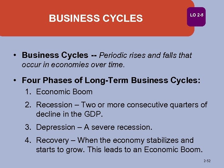 BUSINESS CYCLES LO 2 -5 • Business Cycles -- Periodic rises and falls that