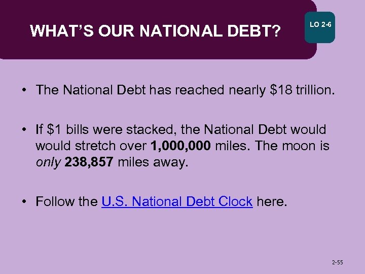 WHAT’S OUR NATIONAL DEBT? LO 2 -6 • The National Debt has reached nearly