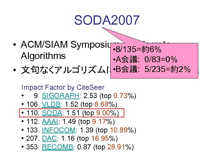 SODA 2007 • ACM/SIAM Symposium on Discrete • 8/135=約6% Algorithms • A会議: 0/83=0% •