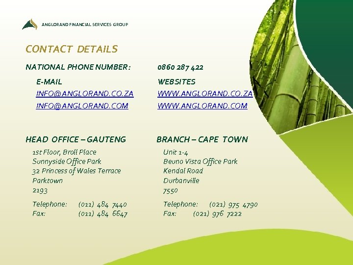 ANGLORAND FINANCIAL SERVICES GROUP CONTACT DETAILS NATIONAL PHONE NUMBER: E-MAIL INFO@ANGLORAND. CO. ZA INFO@ANGLORAND.