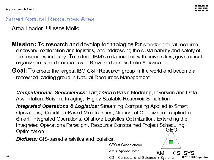 Angola Launch Event Smart Natural Resources Area Leader: Ulisses Mello Mission: To research and