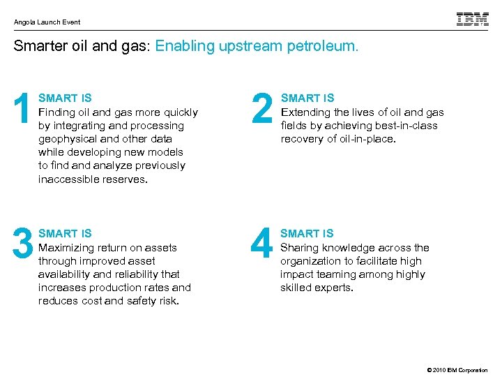 Angola Launch Event Smarter oil and gas: Enabling upstream petroleum. 1 3 SMART IS