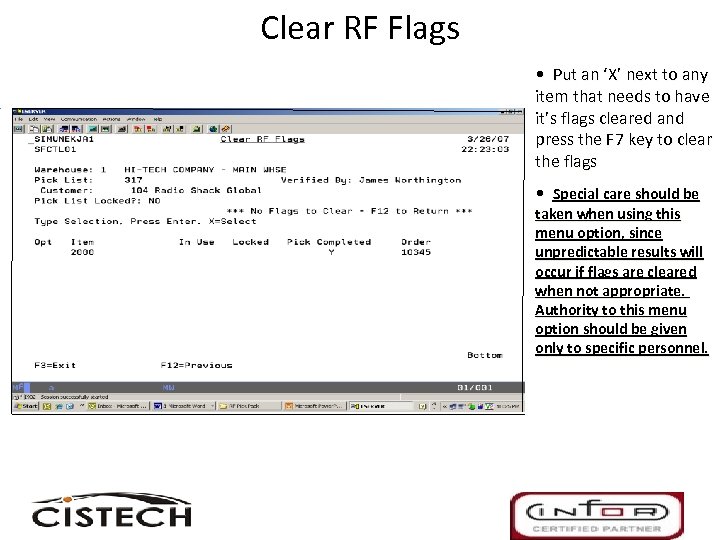 Clear RF Flags • Put an ‘X’ next to any item that needs to