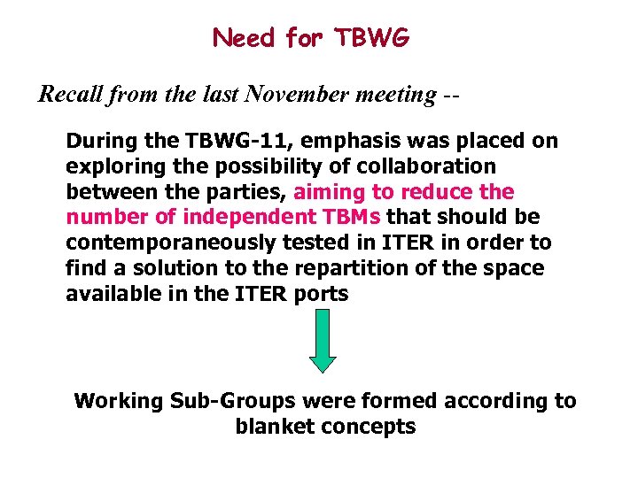 Need for TBWG Recall from the last November meeting -During the TBWG-11, emphasis was
