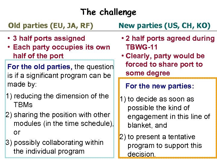 The challenge Old parties (EU, JA, RF) • 3 half ports assigned • Each