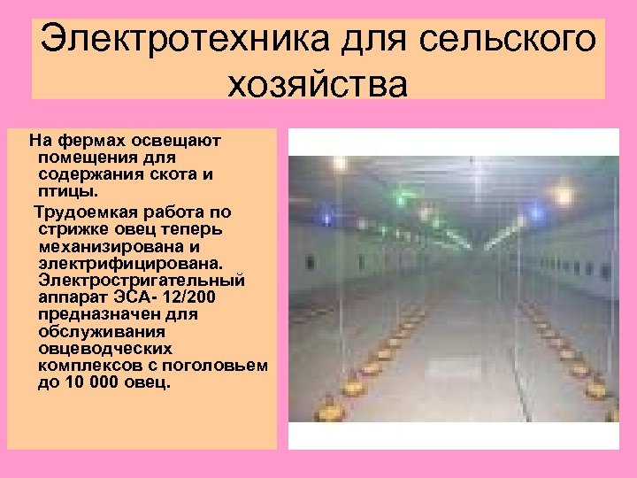 Электротехника для сельского хозяйства На фермах освещают помещения для содержания скота и птицы. Трудоемкая