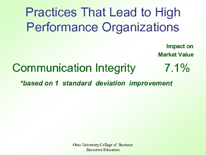 Practices That Lead to High Performance Organizations Impact on Market Value Communication Integrity 7.