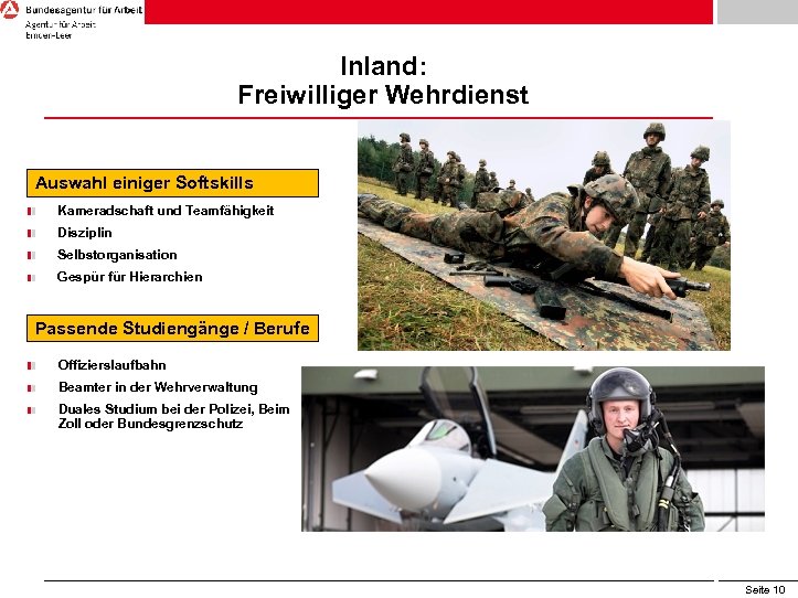 Inland: Freiwilliger Wehrdienst Auswahl einiger Softskills Kameradschaft und Teamfähigkeit Disziplin Selbstorganisation Gespür für Hierarchien