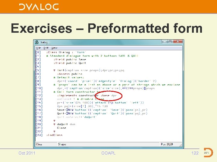 Exercises – Preformatted form Oct 2011 OOAPL 122 