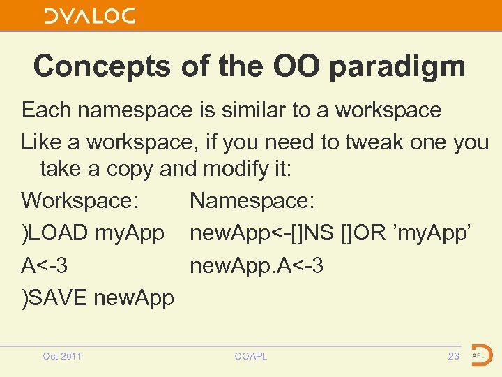 Concepts of the OO paradigm Each namespace is similar to a workspace Like a