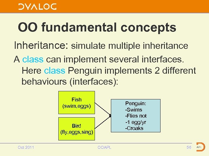 OO fundamental concepts Inheritance: simulate multiple inheritance A class can implement several interfaces. Here