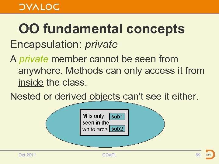 OO fundamental concepts Encapsulation: private A private member cannot be seen from anywhere. Methods