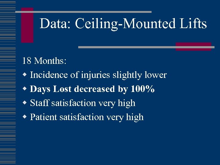 Data: Ceiling-Mounted Lifts 18 Months: w Incidence of injuries slightly lower w Days Lost