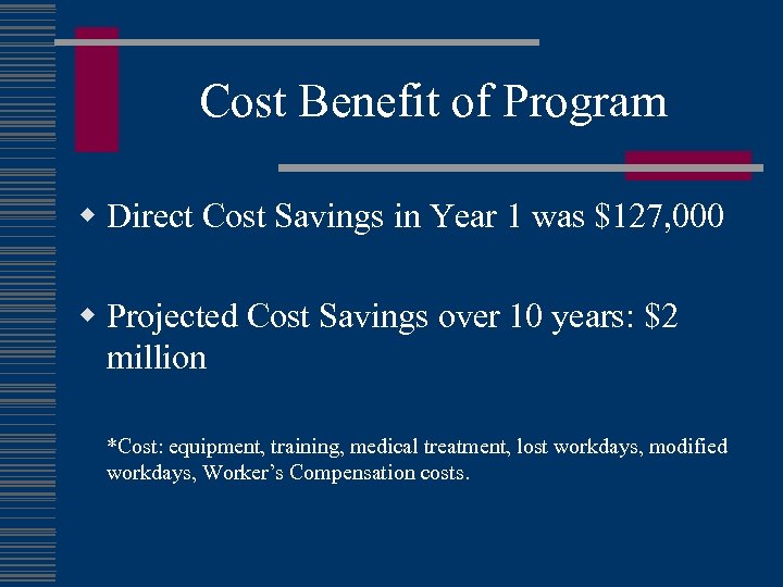 Cost Benefit of Program w Direct Cost Savings in Year 1 was $127, 000