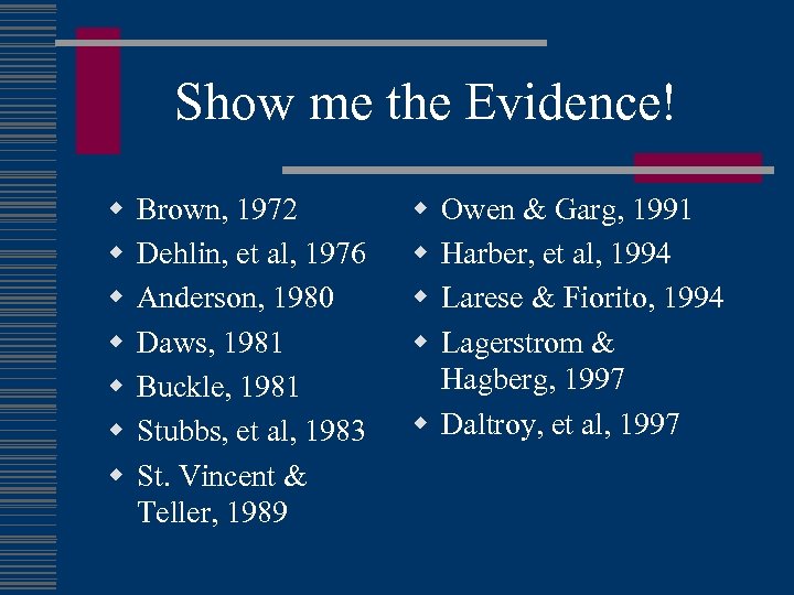 Show me the Evidence! w w w w Brown, 1972 Dehlin, et al, 1976