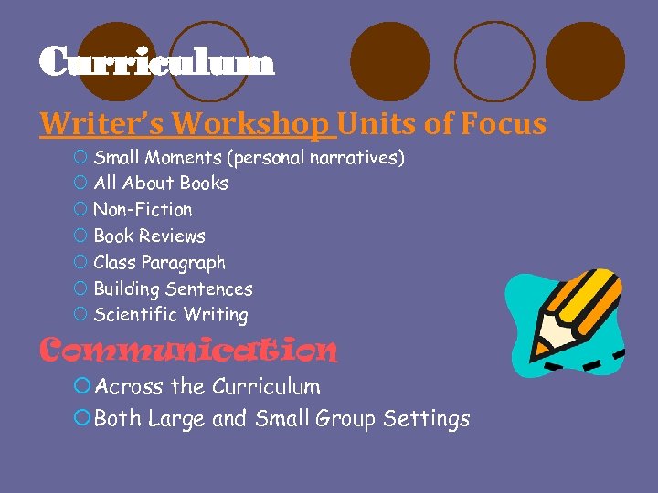 Curriculum Writer’s Workshop Units of Focus ¡ Small Moments (personal narratives) ¡ All About