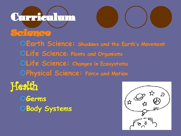 Curriculum Science ¡Earth Science: Shadows and the Earth’s ¡Life Science: Plants and Organisms ¡Life