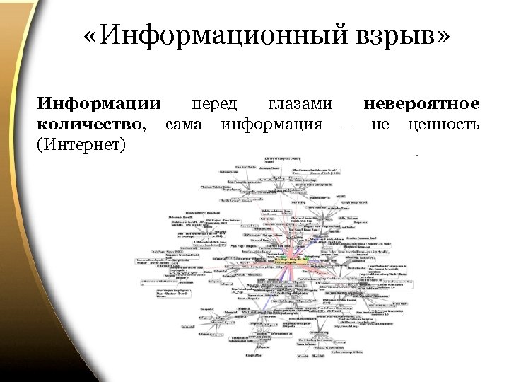  «Информационный взрыв» Информации перед глазами невероятное количество, сама информация – не ценность (Интернет)