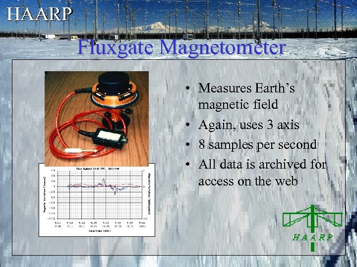 HAARP Fluxgate Magnetometer • Measures Earth’s magnetic field • Again, uses 3 axis •