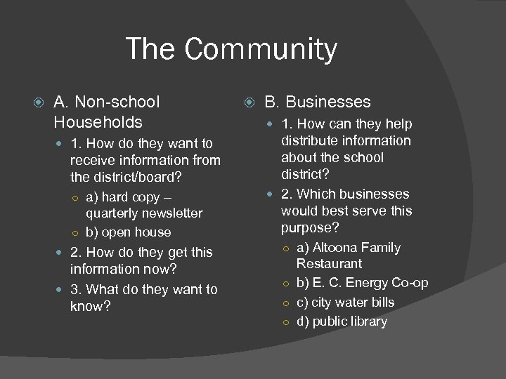 The Community A. Non-school Households B. Businesses 1. How can they help quarterly newsletter