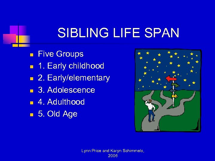 SIBLING LIFE SPAN n n n Five Groups 1. Early childhood 2. Early/elementary 3.