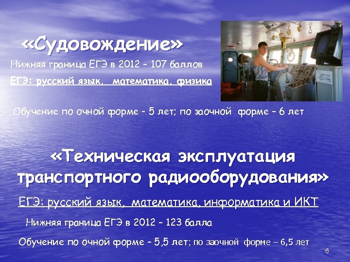  «Судовождение» Нижняя граница ЕГЭ в 2012 – 107 баллов ЕГЭ: русский язык, математика,
