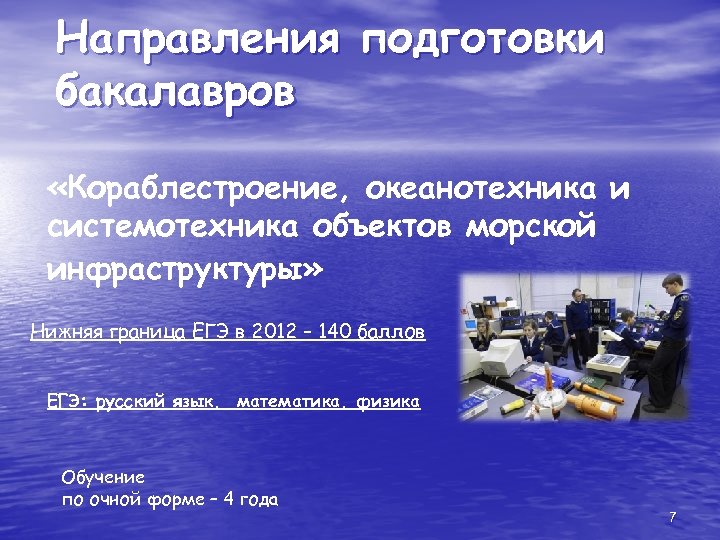 Направления подготовки бакалавров «Кораблестроение, океанотехника и системотехника объектов морской инфраструктуры» Нижняя граница ЕГЭ в