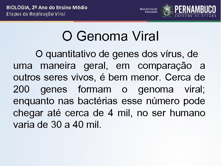 BIOLOGIA, 2º Ano do Ensino Médio Etapas da Replicação Viral O Genoma Viral O