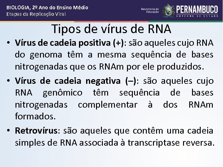 BIOLOGIA, 2º Ano do Ensino Médio Etapas da Replicação Viral Tipos de vírus de