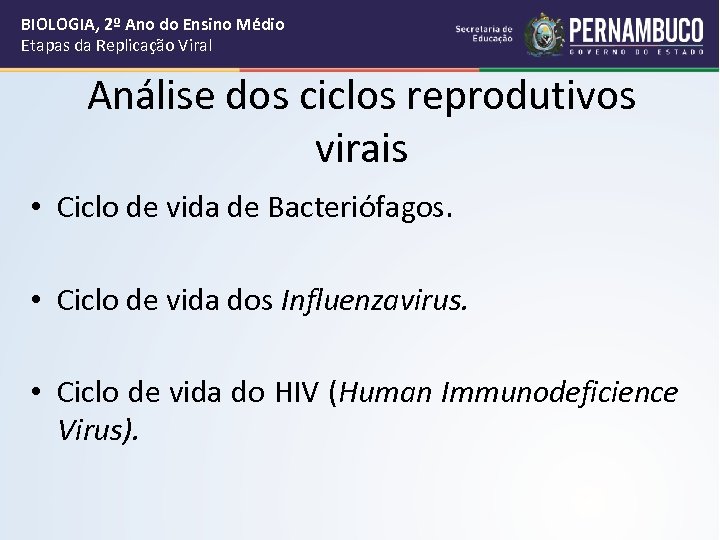 BIOLOGIA, 2º Ano do Ensino Médio Etapas da Replicação Viral Análise dos ciclos reprodutivos