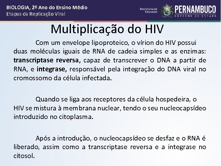 BIOLOGIA, 2º Ano do Ensino Médio Etapas da Replicação Viral Multiplicação do HIV Com