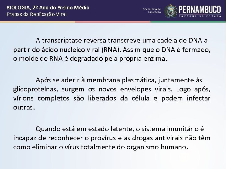 BIOLOGIA, 2º Ano do Ensino Médio Etapas da Replicação Viral A transcriptase reversa transcreve