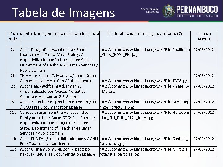 Tabela de Imagens n° do direito da imagem como está ao lado da foto