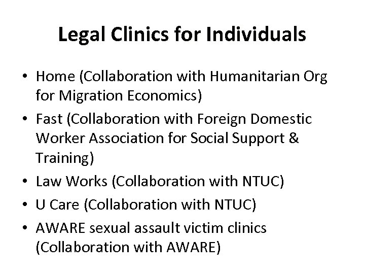 Legal Clinics for Individuals • Home (Collaboration with Humanitarian Org for Migration Economics) •
