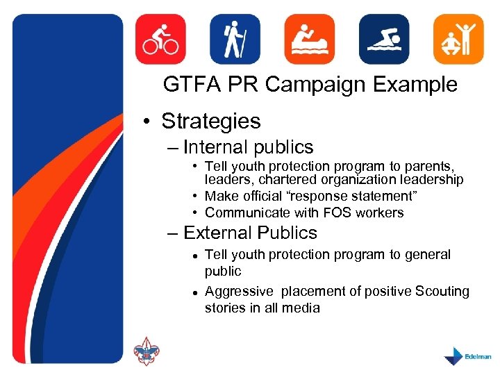 GTFA PR Campaign Example • Strategies – Internal publics • Tell youth protection program