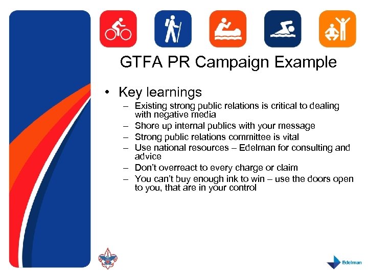 GTFA PR Campaign Example • Key learnings – Existing strong public relations is critical