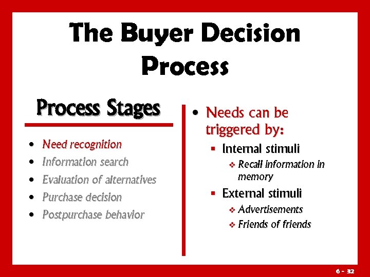 The Buyer Decision Process Stages • Need recognition • Information search • Evaluation of