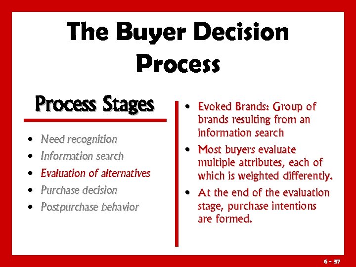 The Buyer Decision Process Stages • Need recognition • Information search • Evaluation of