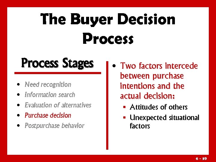 The Buyer Decision Process Stages • Need recognition • Information search • Evaluation of