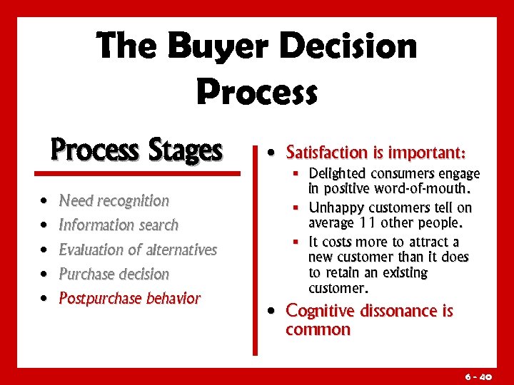 The Buyer Decision Process Stages • Need recognition • Information search • Evaluation of