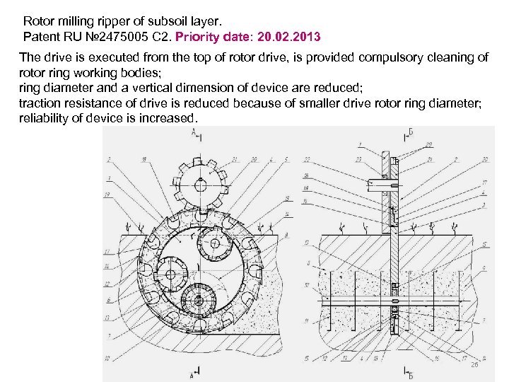Rotor milling ripper of subsoil layer. Patent RU № 2475005 С 2. Priority date: