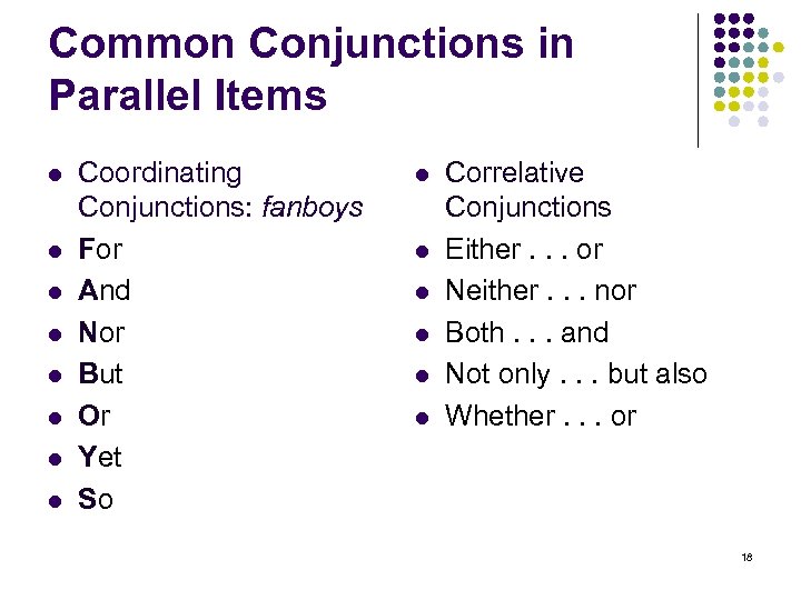 Common Conjunctions in Parallel Items l l l l Coordinating Conjunctions: fanboys For And