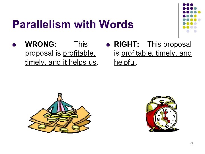 Parallelism with Words l WRONG: This proposal is profitable, timely, and it helps us.