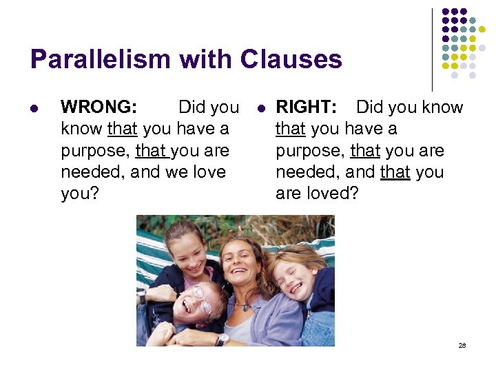 Parallelism with Clauses l WRONG: Did you know that you have a purpose, that