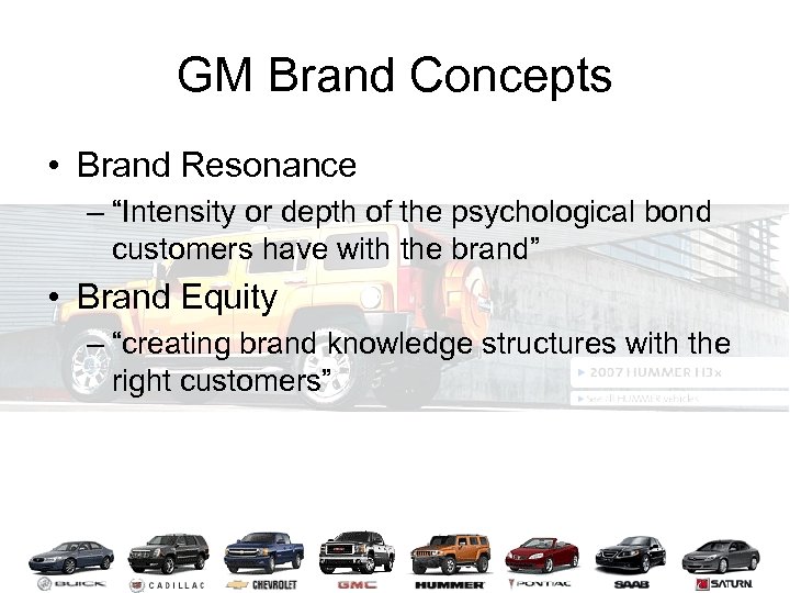 GM Brand Concepts • Brand Resonance – “Intensity or depth of the psychological bond