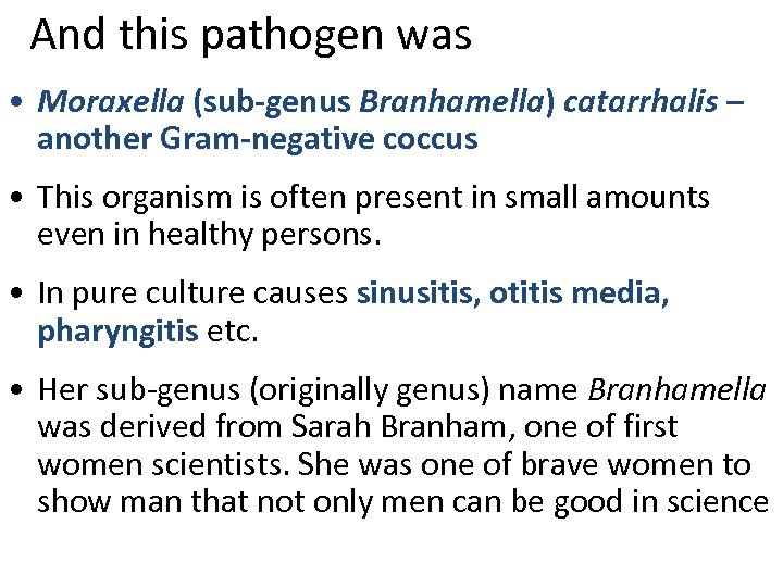 And this pathogen was • Moraxella (sub-genus Branhamella) catarrhalis – another Gram-negative coccus •