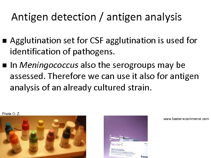 Antigen detection / antigen analysis n n Agglutination set for CSF agglutination is used