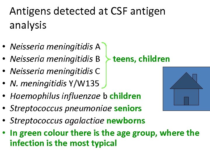 Antigens detected at CSF antigen analysis • • Neisseria meningitidis A Neisseria meningitidis B