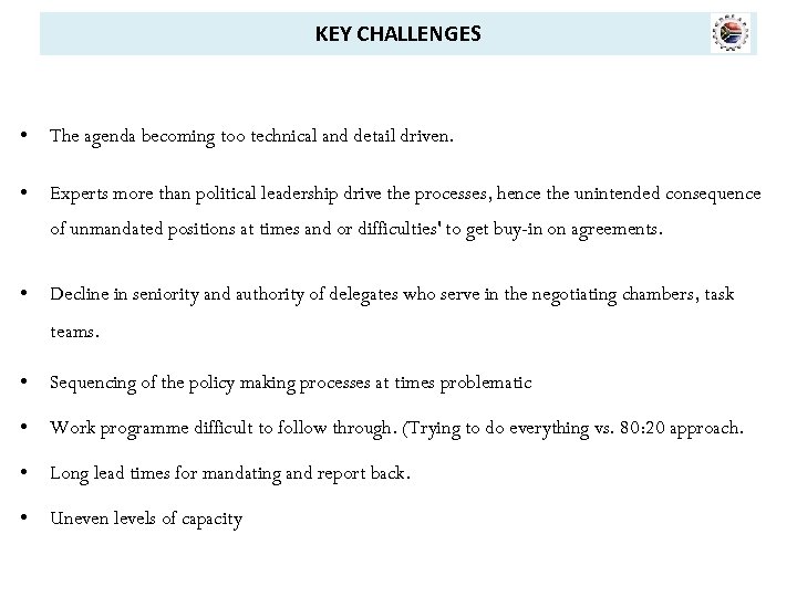 KEY CHALLENGES • The agenda becoming too technical and detail driven. • Experts more