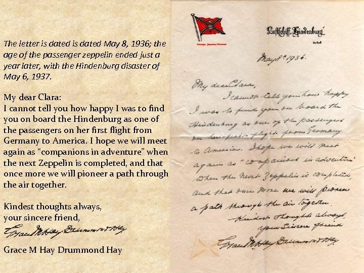 The letter is dated May 8, 1936; the age of the passenger zeppelin ended